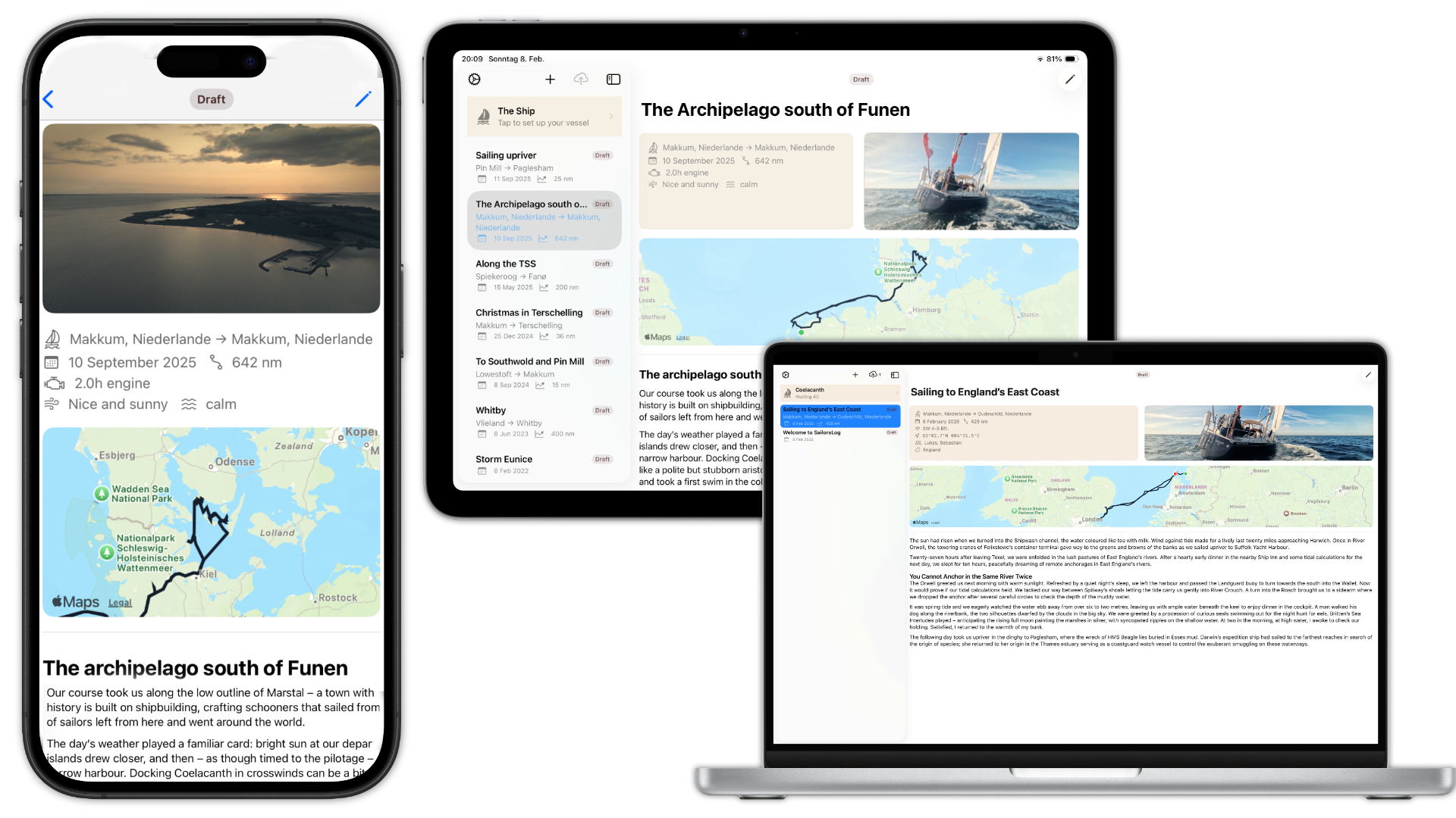 SailorsLog running on iPhone, iPad, and Mac showing synchronized logbook entries