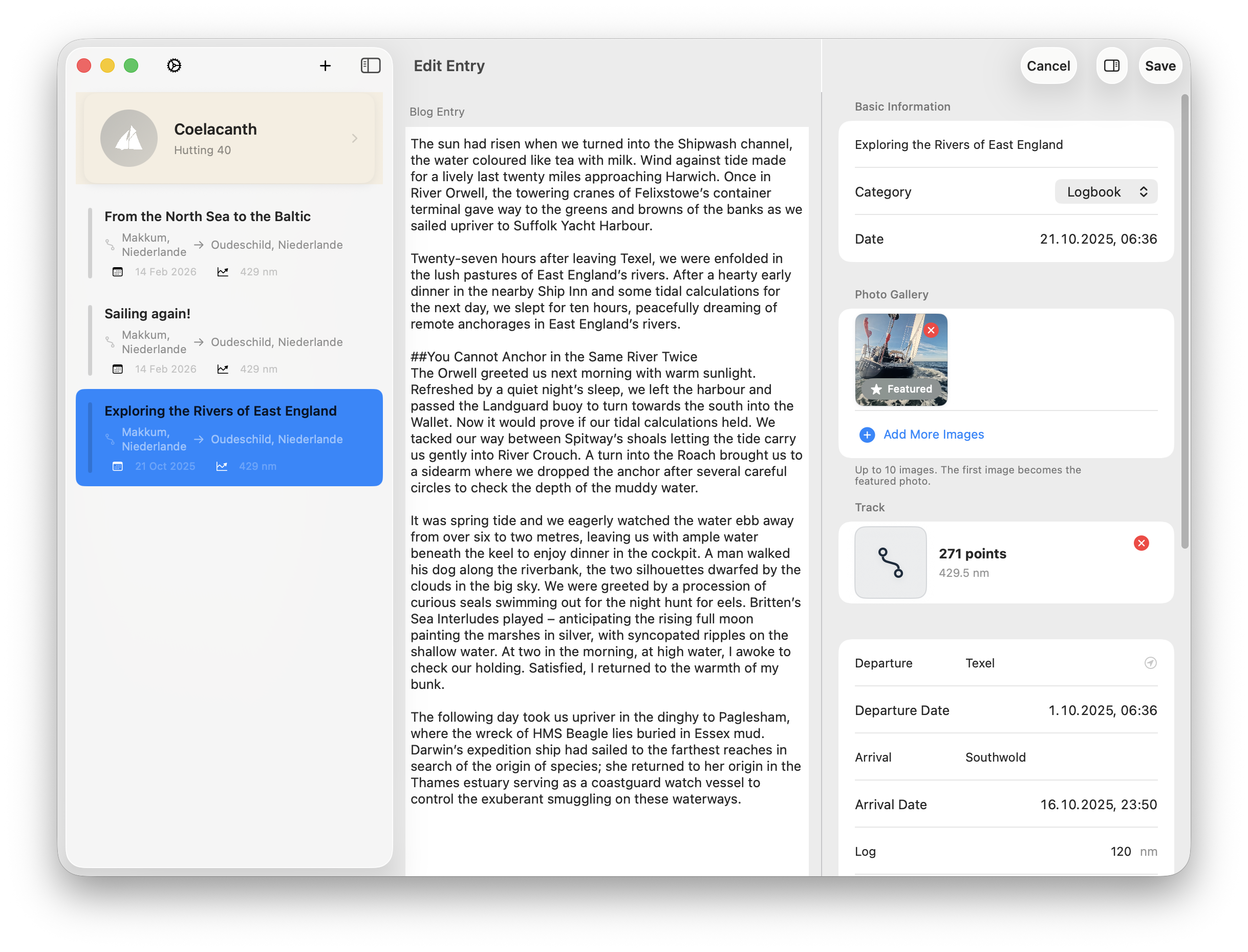 SailorsLog entry editor on iPad with passage metadata fields and photo gallery