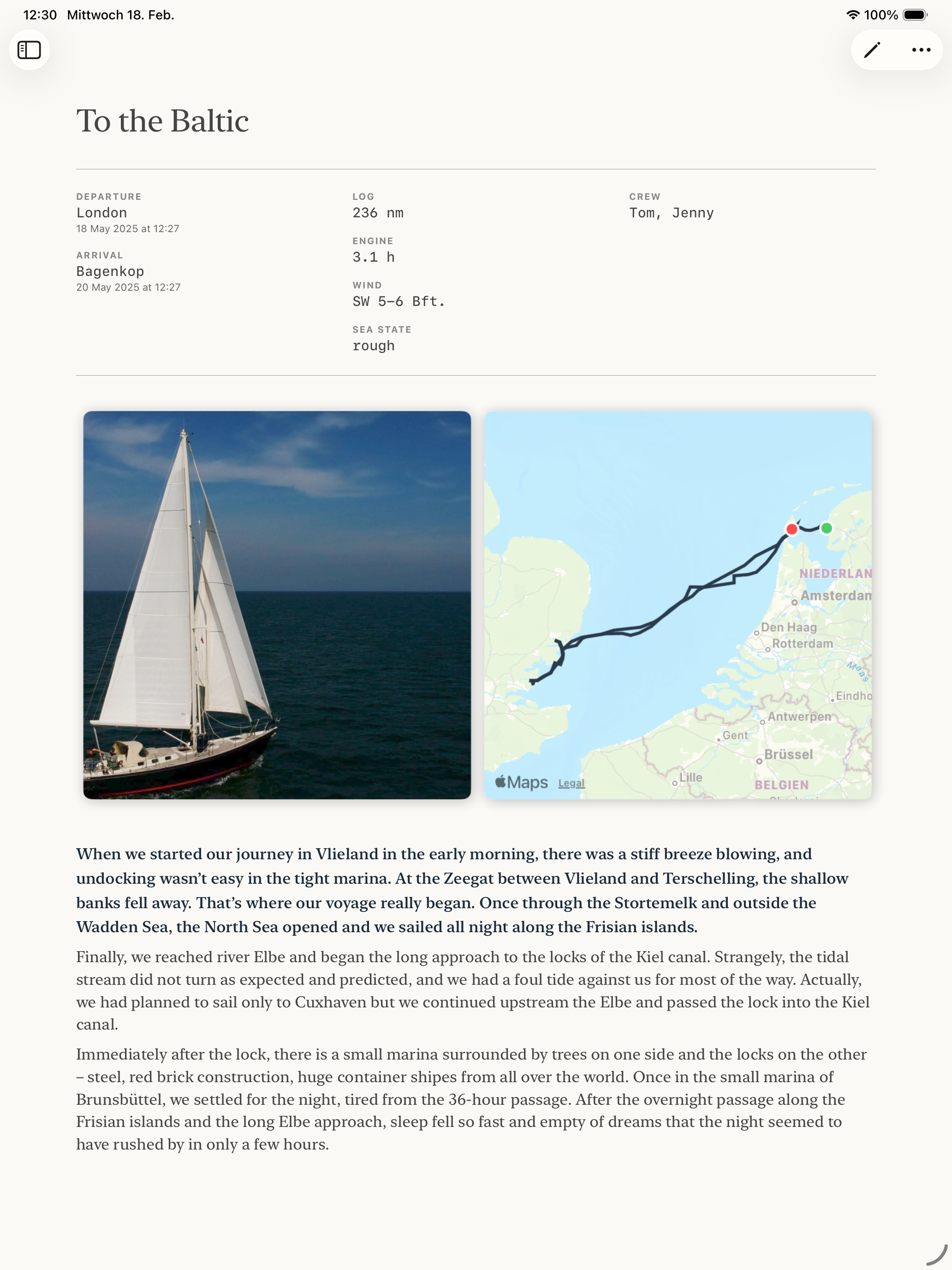 SailorsLog on iPad showing a logbook entry with an interactive GPX track map and passage photos