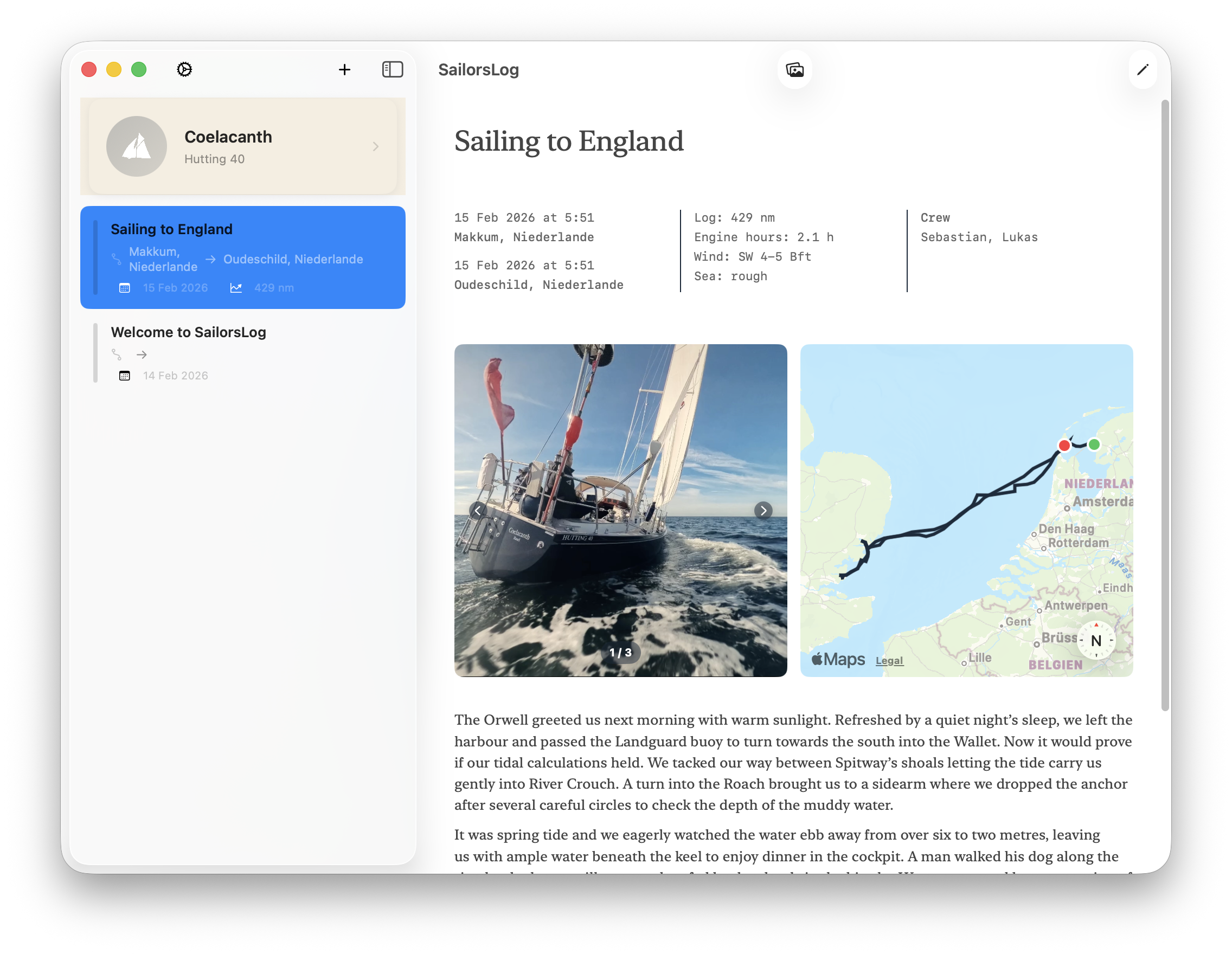 SailorsLog logbook entry detail view with passage metadata and photos