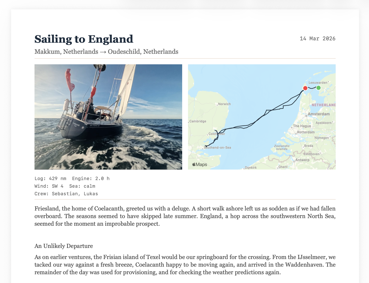A typeset PDF export of a sailing logbook entry with photos, GPX track map, and passage narrative
