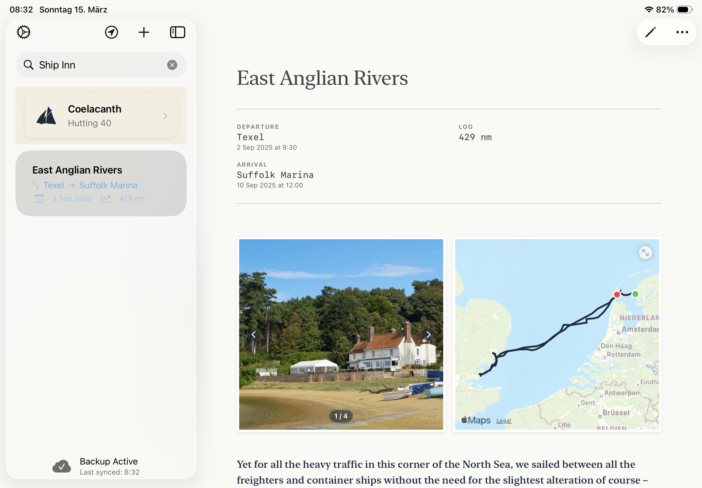 SailorsLog search on iPad filtering logbook entries by 'Ship Inn' with passage detail, photo gallery, and GPX track map